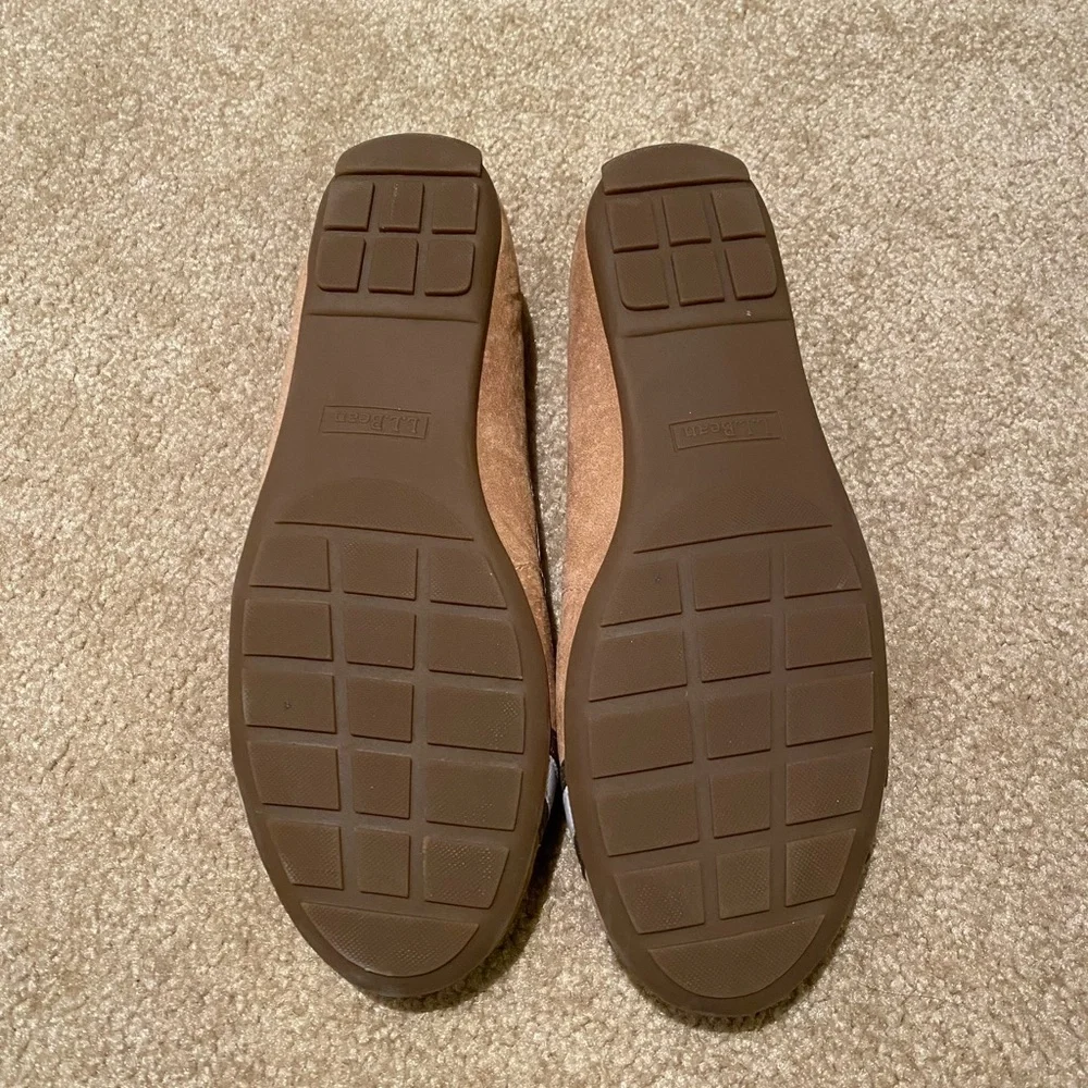 L.L. Bean Tan Flats with Brown and White Ribbon and Buckle Accents